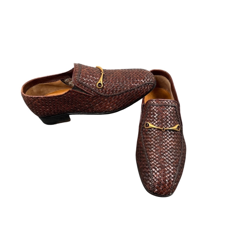 A. Testoni Brown Leather Woven Horse Gold Bit Men's Loafers Size UK5 Us 6 G